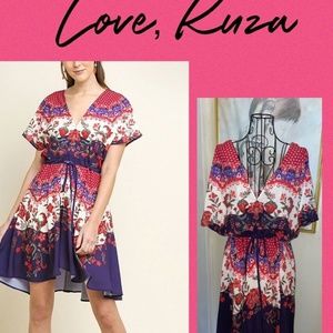LOVE, KUZA~FLORAL "SCARF" PRINT DRESS~DRAWSTRING WAIST~RED,PURPLE~LARGE